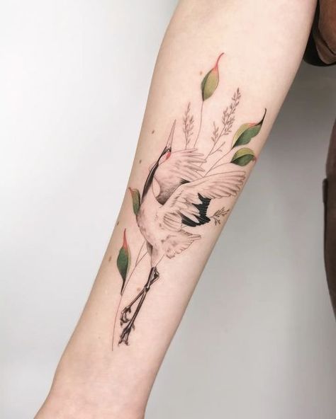 Crane Flower Tattoo, Red Crane Tattoo, My Way Tattoo, Japanese Crane Tattoo Women, Crane Back Tattoo, Crane Tattoo Design, Dancing Crane Tattoo, Crane With Flowers Tattoo, Sand Hill Crane Tattoo