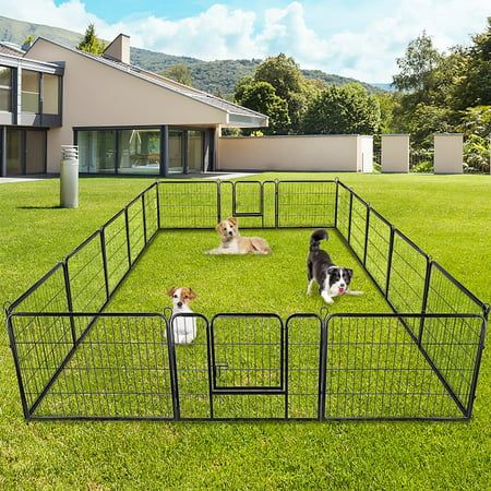 Introduction: We are proud to present the Dkelincs heavy duty dog fence to you. The 16 panels design allows for multiple configurations to best fit the area and it's foldable and easy to set up & break down so you can bring your pet anywhere you want to go. The built in door allows for easy access and the anchoring stakes help secure the fence. With rust resistant coated metal and rounded edges, the folding pet playpen is built to last. Color: Black. Rv Dog Fence, Shade For Dogs, Outdoor Dog Area, Dog Kennel Outside, Panels Design, Puppy Playpen, Cat Fence, Safety Door, Dog Yard