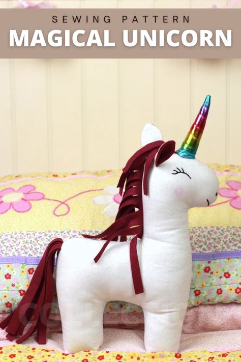 Magical Unicorn sewing pattern. We're sure you will agree Unicorns are very special! The designer has made a simple and fun project that will help you create something totally adorable. There is only thing better than having a unicorn to cuddle, and that is having a unicorn to sew, and this sewing project will give you both! The designer rates her project as straight forward enough for beginners. SewModernKids Unicorn Sewing Pattern Free, Unicorn Plushie Pattern, Unicorn Sewing Pattern, Unicorn Doll Pattern Sewing, Unicorn Sewing, Stuffed Unicorn Pattern Sewing, Unicorn Quilt, Stuffed Unicorn, Unicorn Plushies