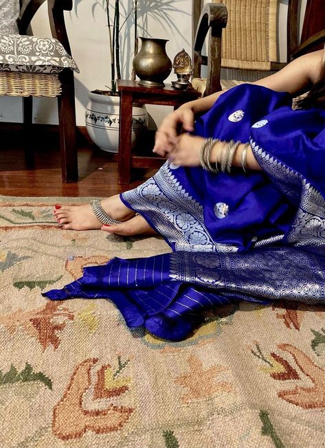 Blue Desi Aesthetic, Blue Indian Aesthetic, Indian Aesthetic Outfit, Royal Blue Saree, Banarasi Katan Silk Saree, Desi Vibes, Desi Aesthetics, Desi Love, Desi Wear