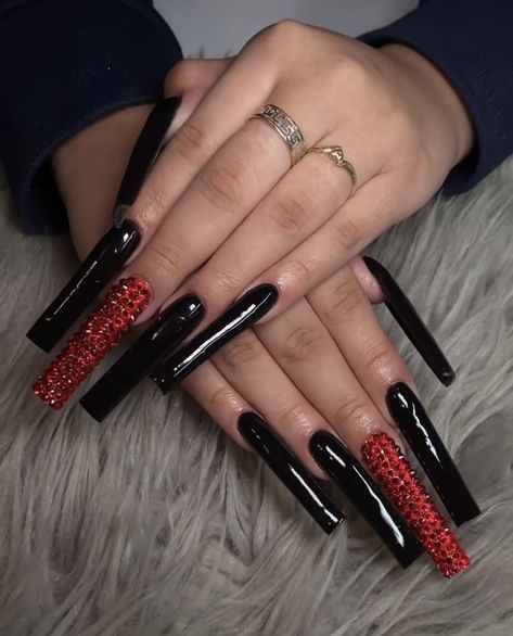 Long Square Acrylic Nails Red And Black, Red And Black French Tip Acrylic Nails, Long Black Prom Nails, Black And Red Nails For Prom, Xl Black Acrylic Nails, Matte Black Red Bottom Nails, Black Red Bottom Acrylic Nails, Red And Black Nails Acrylic Coffin Long, Black Nails With Red Gems