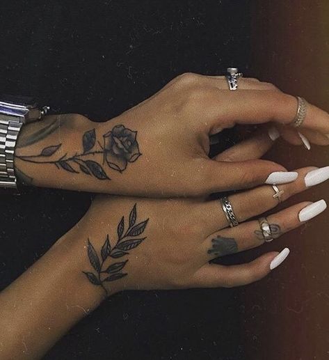 Rose and leaf / stem tattoos on hand Small Wave Tattoo, Cute Hand Tattoos, Small Flower Tattoos, Tattoos For Black Skin, Hand Tattoos For Women, Small Hand Tattoos, Hand Tattoo, Dope Tattoos, Rose Tattoos