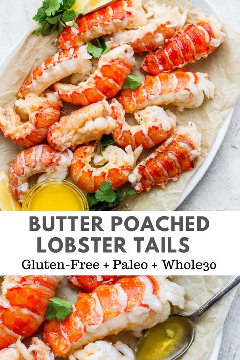 Butter Poached Lobster Tails - a simple, but decadent holiday dish that is sure to impress!! (Whole30 + Paleo) #whole30recipes #poachedlobster #howtocooklobster #paleorecipes #christmasrecipes Butter Poached Lobster Tail, Wooden Skillet, Butter Poached Lobster, Poached Lobster, Pescetarian Recipes, Lobster Dishes, Lobster Recipes Tail, Lobster Tail, How To Cook Lobster