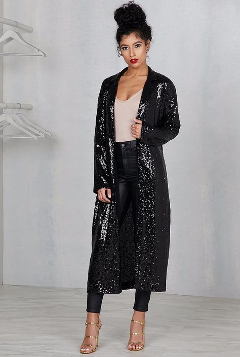 Shop the look at LK! https://www.lillyskloset.net/collections/new-arrivals/products/midnight-sequins-cardigan-black Sequin Kimono Outfit, Sequin Cardigan Outfit, Sequin Kimono, Kimono Outfit, Cardigan Outfit, Sequin Cardigan, Winter Attire, Fashion Capsule, Cardigan Outfits