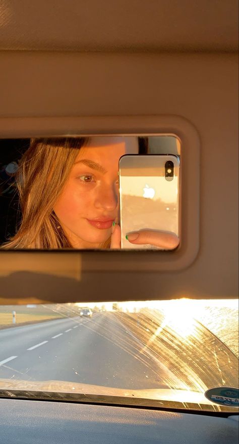 Car Mirror Selfie Captions, Car Mirror Pics, Car Mirror Aesthetic, Car Mirror Selfie, Aesthetic Car Mirror Selfie, Sunset Captions, Mirror Video, Car Selfies, Self Pictures