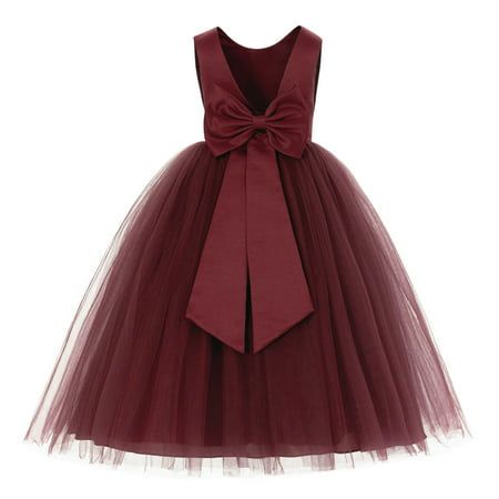 This gorgeous flower girl dress features a open back satin bodice with elegant tulle skirt. The waistline is delicately decorated with a removable satin tiebow. The elegant tulle skirt has 6 layers, top 3 layers are made of tulle. 4th is layer of soft satin, 5th layer is a netting attached to the 6th layer for additional fullness, the 6th layer is a satin lining to bring comfort to your little girl while wearing the dress. Perfect for princess party, wedding, holiday, theme party, ceremony, birt Burgundy Flower Girl Dress, Dress For Wedding Guest, Red Flower Girl Dresses, Long Flower Girl Dresses, Satin Flower Girl Dress, Tulle Flower Girl Dress, Pageant Gown, Princess Flower Girl Dresses, Ivory Flower Girl Dresses