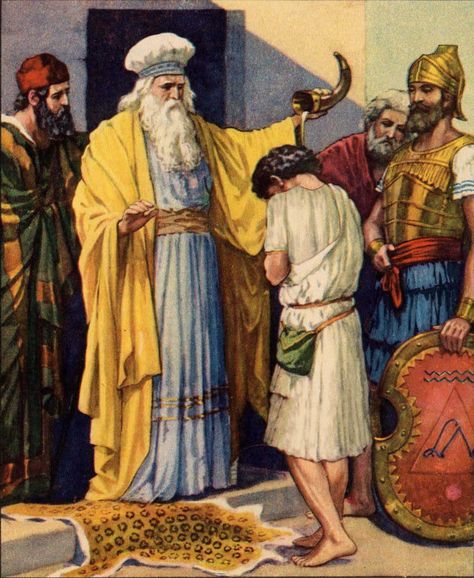 "Then Samuel took the horn of oil and anointed him in the midst of his brothers; and the Spirit of the Lord came mightily upon David from that day forward. And Samuel arose and went to Ramah." (1 Sam 16:13) Samuel Anoints David, Samuel Bible, David Bible, King Pic, Bible Artwork, Bible Images, Bible Illustrations, Bible Characters, Bible Pictures