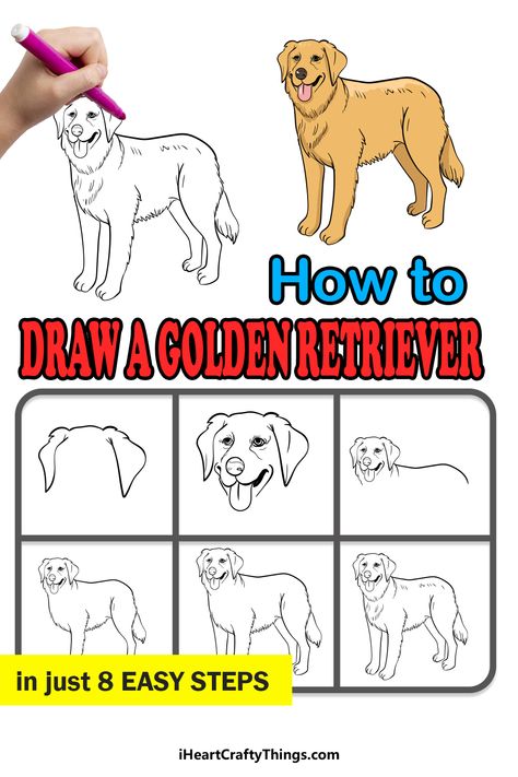 Dog Drawings Easy, Draw A Golden Retriever, Puppy Drawing Easy, Golden Retriever Drawing, Draw Dogs, Dog Drawing Tutorial, Easy Hand Drawings, Dog Drawing Simple, Dog Drawings