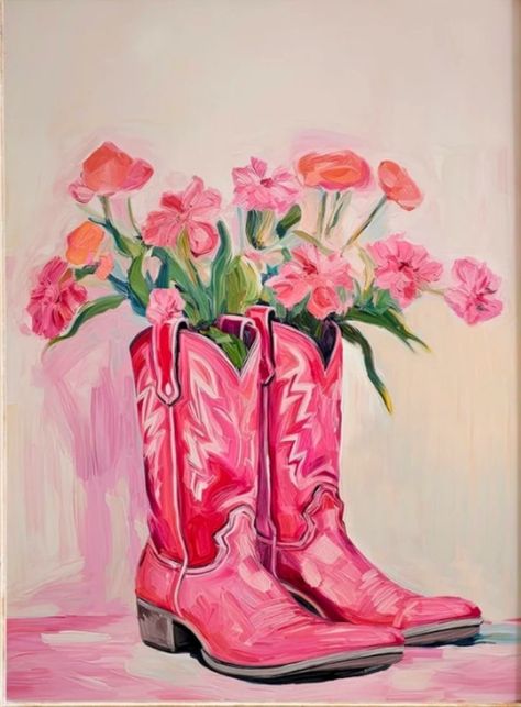 Cowgirl Aesthetic Drawing, Aesthetic Room Painting, Pink Country Aesthetic, Cowboy Boots Painting, Cowgirl Boots Painting, Cowboy Boot With Flowers, Cowboy Boot Painting, Cowboy Boots Drawing, Cowgirl Wall Art