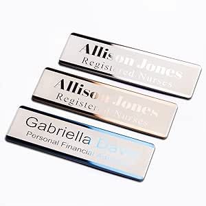 Custom Engraved Name Tags Metal Badge for Business Personalized Identification ID Tag with Pin, Magnetic, Adhesive Backing,Clear and Easy to Read. Kitchen Sink Shelf, Pet Food Container, Metal Planter Boxes, Cat Food Storage, Money Handling, W Hotel, Personalized Logo, Name Badges, Nesting Boxes