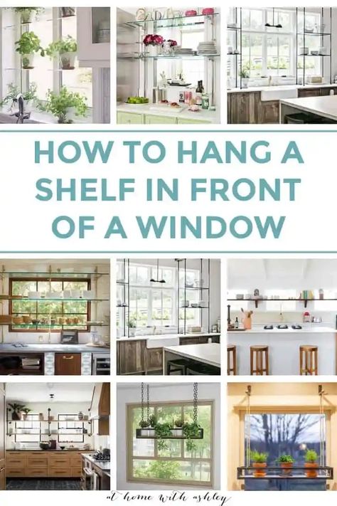 How to hang a shelf in front of windows or glass. This works for storage on open sheling with ideas for hanging shelves or a ceiling rack and is perfect in a kitchen, living room, she shed, or bar. It's great for holding shelves and I share a diy tutorial for how to make one Shelves In Front Of Kitchen Window, Shelf Over Window, Diy Window Shelf, Window Shelves For Plants, Hanging Shelf Kitchen, Kitchen Window Shelves, Window Shelf For Plants, Window Plant Shelf, Glass Shelves Kitchen