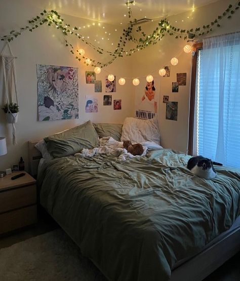 Indie Duvet Cover, Canopy Twin Bed Ideas, Hanging Up Fairy Lights, Aesthetic Room With Vines And Fairy Lights, Simple White Room Bedroom Ideas, Fairy Lights Under Loft Bed, Room Decor With Vines And Fairy Lights, Fairy Lights And Plants Bedroom, Vines And Fairy Lights In Bedroom