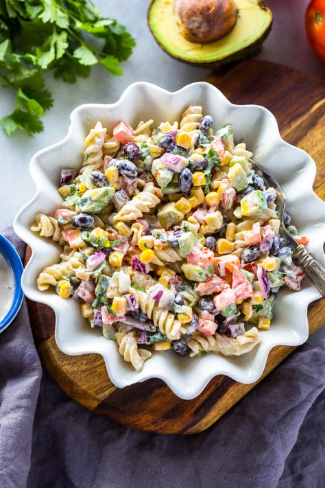 Creamy Tex-Mex Pasta Salad | Gimme Delicious Cold Pastas, Fruity Salads, Creamy Cilantro Sauce, Mexican Pasta Salad, Rotini Pasta Salad, Veggie Salads, Mexican Black Beans, Gimme Delicious, Mexican Pasta