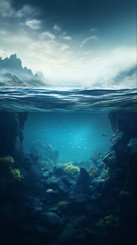 Above And Below Water Art, Underwater Landscape Illustration, Underwater Background Drawing, Underwater Scene Painting, Half Underwater Photography, Under Sea Wallpaper, Ocean Floor Drawing, Underwater Digital Art, Under Water Drawing