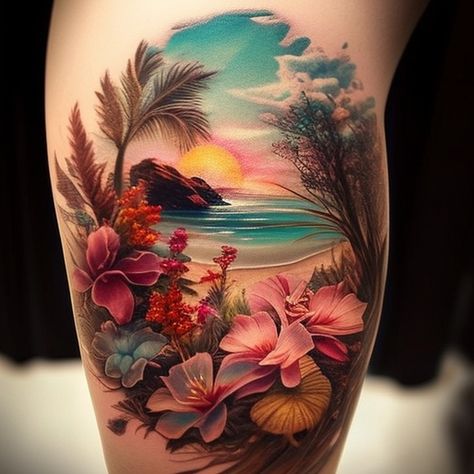 Beach Vacation Tattoo Ideas, Half Sleeve Beach Tattoos For Women, Ocean Thigh Tattoo Women, Color Beach Tattoo, Beach Leg Tattoos Women, Beach Theme Leg Sleeve, Tattoo Ideas Female Beach Theme, Summer Tattoo Ideas Beach, Beach Sleeve Tattoo Color