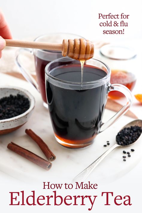 Here's how to make Elderberry Tea in just minutes! All you need is 3 simple ingredients to make this antioxidant-packed recipe at home. Elderberry Recipes Immune System, Elderberries Recipes, Elderberry Tea Recipe, Dried Elderberries, Cinnamon Water, Tea Facts, Elderberry Tea, Elderberry Juice, Homemade Elderberry