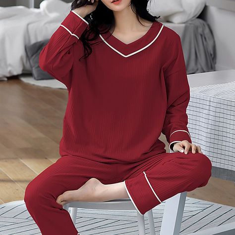 Women's Pajamas Nighty Pjs Sets 2 Pieces Pure Color Fashion Simple Comfort Home Daily Bed Cotton Breathable Gift V Wire Long Sleeve Pant Elastic Waist Basic Spring Fall Black Light Green 2024 - $32.99 Cotton Pajama Set Women, Comfort Home, Cotton Pajamas Women, Women's Pajamas, Cotton Pajama Sets, Casual Home, Womens Pyjama Sets, Cotton Pyjamas, Pajama Set Women