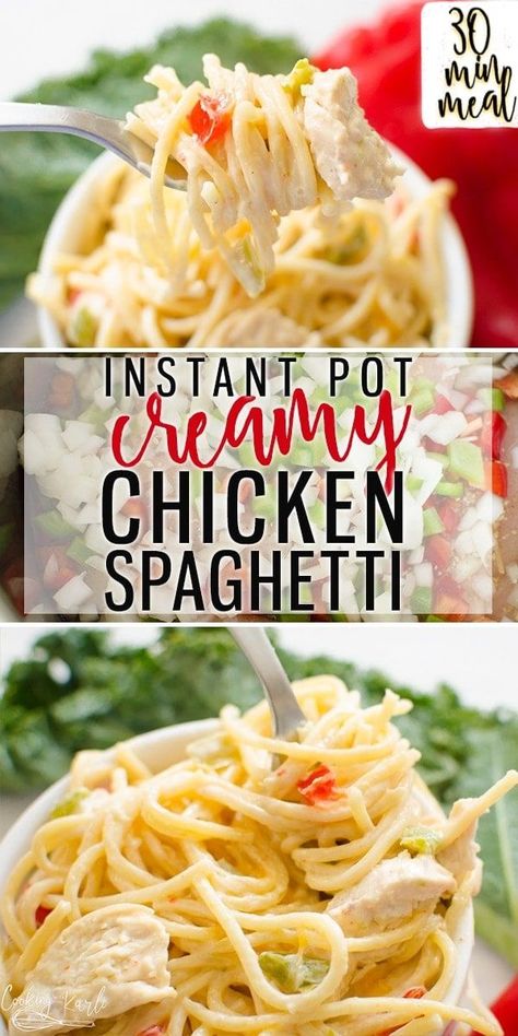 Instant Pot Creamy Chicken Spaghetti is a flavor packed dinner the whole family will enjoy. The from scratch creamy sauce flavored with onions and peppers compliment the chicken and al dente spaghetti noodles perfectly. This Instant Pot pasta dish will be your new go to favorite! |Cooking with Karli| #instantpot #spaghetti #chickenspaghetti #peppersandonions #creamy #recipe #dumpandstart Creamy Chicken Spaghetti, Spaghetti Easy, Instant Pot Pasta, Cooking With Karli, Resep Pasta, Chicken Spaghetti Recipes, Instant Pot Pasta Recipe, Chop Suey, Spaghetti Noodles