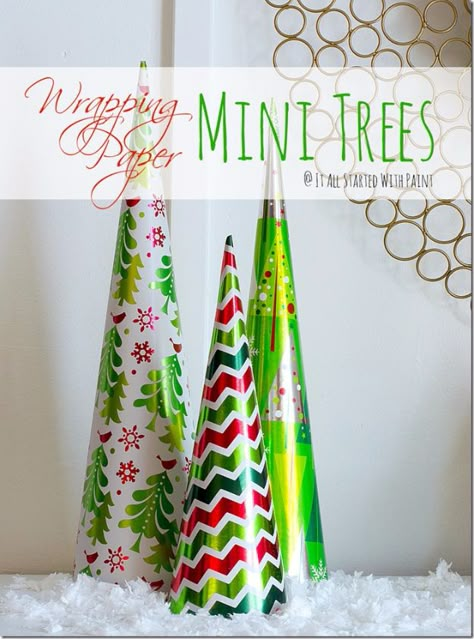 Cool Things to Make With Leftover Wrapping Paper - Wrapping Paper Mini Trees - Easy Crafts, Fun DIY Projects, Gifts and DIY Home Decor Ideas - Don't Trash The Christmas Wrapping Paper and Learn How To Make These Awesome Ideas Instead - Step by Step Tutorials With Instructions http://diyjoy.com/diy-projects-leftover-wrapping-paper Wrapping Paper Christmas Tree, Decorating With Wrapping Paper, Christmas Wrapping Paper Crafts, Wrapping Paper Scraps Ideas, Crafts With Wrapping Paper, Wrapping Paper Decorations, Wrapping Paper Scraps, Leftover Wrapping Paper, Craft Paper Wrapping