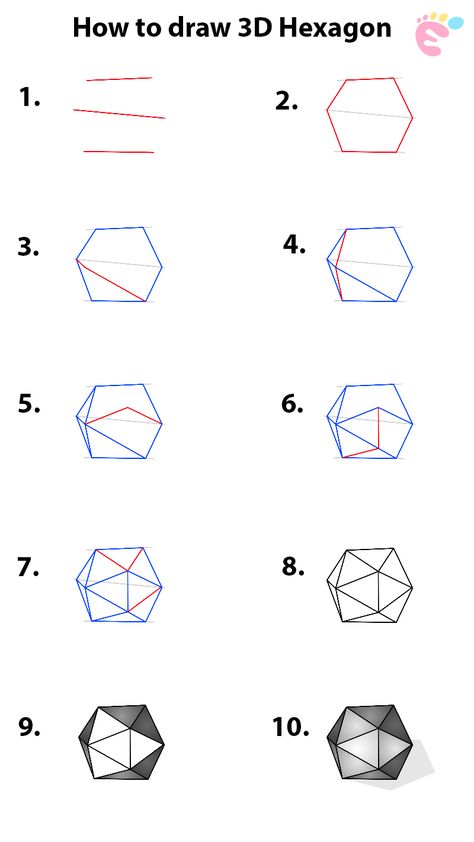 How To Draw 3d Shapes Step By Step, Hexagon Sketch, Hexagon Art Drawing, How To Draw 3d Shapes, Hexagon Doodle, 3d Geometric Shapes Drawing, 3d Shapes Drawing, Hexagon Drawing, Polygon Drawing