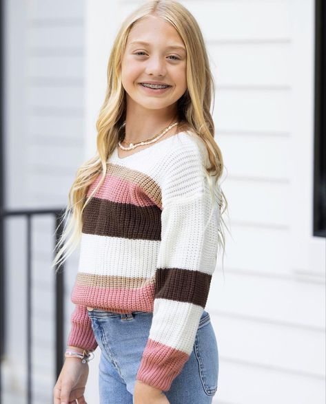 Everleigh Labrant, Sav And Cole, Cole And Savannah, Rib Sweater, Drop Sleeve, Swimwear Beach, Cute Outfits For School, Girls Stripes, Girls Sweaters