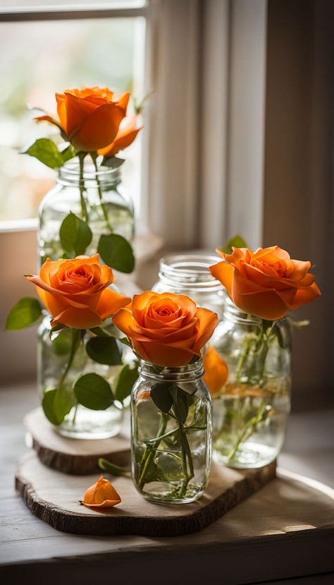 Decoration - Beautiful orange roses in mason jars - AI creation Orange Roses Bouquet Aesthetic, Roses In Mason Jars, Roses Bouquet Aesthetic, Orange Roses Bouquet, Orange Rose Bouquet, Mason Jar Flower Arrangements, Roses Arrangements, Bouquet Aesthetic, Blue Flowers Bouquet