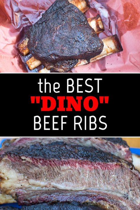 A close-up of smoked dino beef ribs, showcasing a thick, dark crust on the outside and a juicy, tender interior with a visible smoke ring Beef Plate Ribs, Bacon Jerky, Smoked Beef Ribs, Weber Kettle, Electric Smoker, Ribs Recipe, Smoked Beef, Beef Ribs, Seasoned Salt