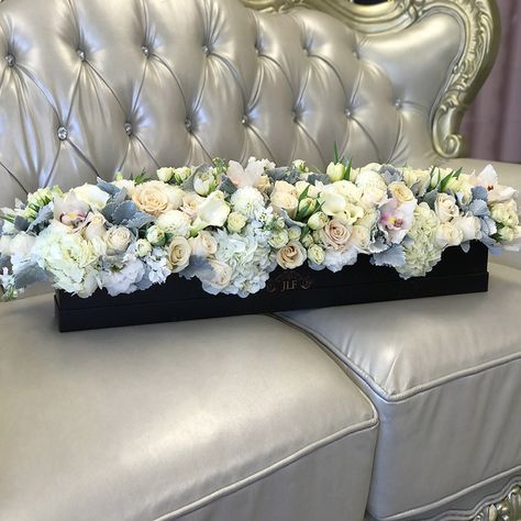 Rectangle Flower Arrangement, Blue Arrangements, Budget Bridal Bouquet, Flower Arrangements Ideas, Flower Box Centerpiece, Box Of Flowers, Blue Flower Arrangements, Box Centerpiece, White Spray Roses