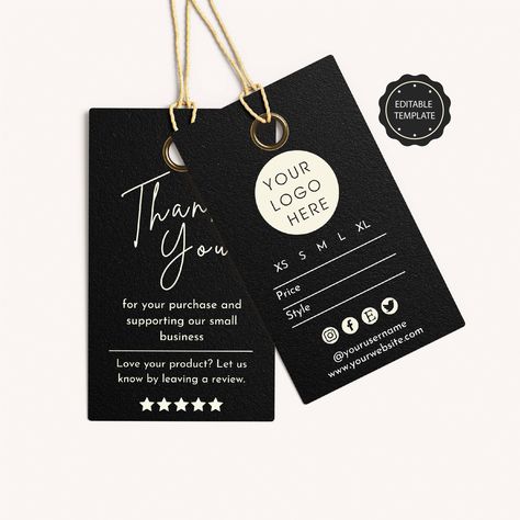 "Editable hang tag for your apparel business. This minimalist hang tag template includes price and sizing. It's the perfect hang tag for small businesses, boutiques, retail, and more! This template is fully editable and easy to edit. No software is needed, you can edit it in your browser This is a digital product. No physical product will be shipped to you. - Edit with Canva. A free online graphic design tool that is super easy to use. - Instant download. You can access the template immediately after your purchase. - Easy-to-edit, fully customizable template. Check out other designs like this in our shop: https://www.etsy.com/shop/Kassiopeiart WHAT YOU'LL GET: ----------------------------------------------------------- Two-sided hang tag ( 2 x 3.5\") More than 20+ social media icons in mul Thank You Hang Tag, Clothing Brand Tags Ideas, Clothe Tags Label, Hand Tag Design Clothing, Price Tag Design Clothing, Hang Tag Design Clothing Labels, Clothing Tags Design, Clothing Brand Tags, Brand Tag Design