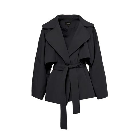 Introducing our mini trench coat, a stylish twist on a classic silhouette. With its wide notch lapels and long sleeves, this coat exudes timeless sophistication. The detachable waist belt allows for versatile styling options, cinching the waist for a flattering silhouette or leaving it open for a more relaxed look. The straight hem adds to its clean and tailored aesthetic, making it a versatile piece for any wardrobe. Whether you're layering it over a dress for a polished ensemble or pairing it with jeans for a casual chic look, this mini trench coat is sure to elevate your style. dry clean only Trench Coats Women Black, Timeless Outfit Ideas, Short Black Trench Coat Outfit, Short Winter Coats Women, Black Coat Short, Short Coats For Women, Short Trench Coat Women, Long Jacket Women, Coat Aesthetic