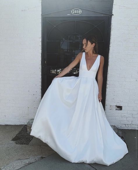 V Neck Minimalist Wedding Dress, Plunge Satin Wedding Dress, Timeless Backless Wedding Dress, Minimal Wedding Dress V Neck, Satin Wedding Dress Deep V, Timeless Wedding Dress V Neck, A Line Wedding Dress Classic, Satin Deep V Wedding Dress, Deep V Ball Gown Wedding Dress