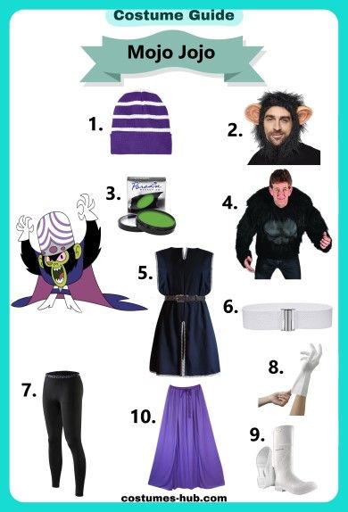 Mojo Jojo Costume Mojo Jojo Costume Diy, Mojo Dojo Ken Costume, Mojojojo Costume, Mojo Jojo Drawing, Jjba Halloween Costumes, Mojo Jojo Cosplay, Mojo Jojo Costume, Power Puff Costume, Green Face Paint