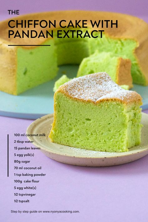 Pandan Chiffon Cake, Bolu Cake, Asian Dessert Recipes, Pandan Cake, Pandan Leaves, Kek Lapis, Resipi Kek, Asian Cake, Yoghurt Cake