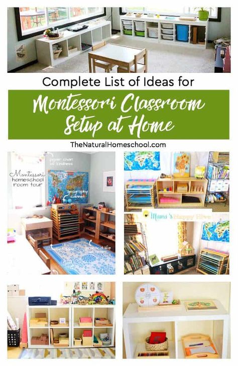 Are you doing Montessori at home? Then you will love this complete list of Montessori classroom setup at home ideas! At Home Montessori Classroom, Montessori Preschool Classroom, Preschool Classroom Setup, Montessori Work, Homeschool Room Design, Montessori Kindergarten, Montessori At Home, Preschool Rooms, Montessori Playroom