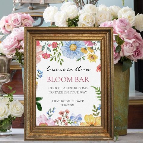 $11.65 | Love in Bloom Wildflower Bridal Shower Bloom Bar #watercolor elegant modern unique chic, spring summer outdoor bridal shower, blush pink, love is in bloom, love is blooming, wildflowers, floral, girly colorful cute soft feminine, bloom bar sign, flower bar sign Love In Full Bloom Bridal Shower Theme, Flower Bar Sign, Bridal Shower Poster, Bloom Bar, Love Is In Bloom, Outdoor Bridal Showers, Wildflower Bridal Shower, Bridal Shower Inspo, Love In Bloom