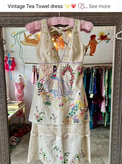 Embroidered Vintage Dress, Pretty Fashion Outfit, Sewing Vintage Clothes, Tea Towel Dress, Thrifted Dresses, Fabric Beading, Towel Dress, 27 Dresses, Sue Wong