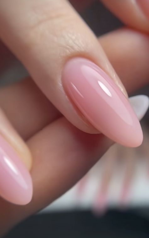 Plain Pink Nails Almond, Glassy Pink Nails, Clean Pink Nails, Opaque Pink Nails, Pink Nails Basic, Light Pink Jelly Nails, Pink Nude Almond Nails, Baby Pink Nails Design, Soft Pink Almond Nails