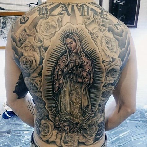 Guadalupe Rose Flower Guys Tattoo Designs Full Back Mexico Flag Tattoo, Virgin De Guadalupe Tattoo Ideas, Man Chest Tattoo, Empowerment Tattoo, Guadalupe Tattoo, Maria Tattoo, Man Chest, Mexican Wallpaper, Tattoo Angel