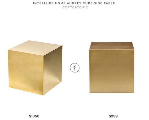 Interlude Home Aubrey Cube Side Table $1350 vs Houzz Spencer Brass Side Table $259 brass gold cube table look for less copycatchic luxe living for less budget home decor and design daily finds, home trends, sales, budget travel and room redos Gold Cube, Budget Home Decor, Cube Side Table, Cube Table, Brass Side Table, Budget Home, Rec Room, Home Trends, Brass Gold