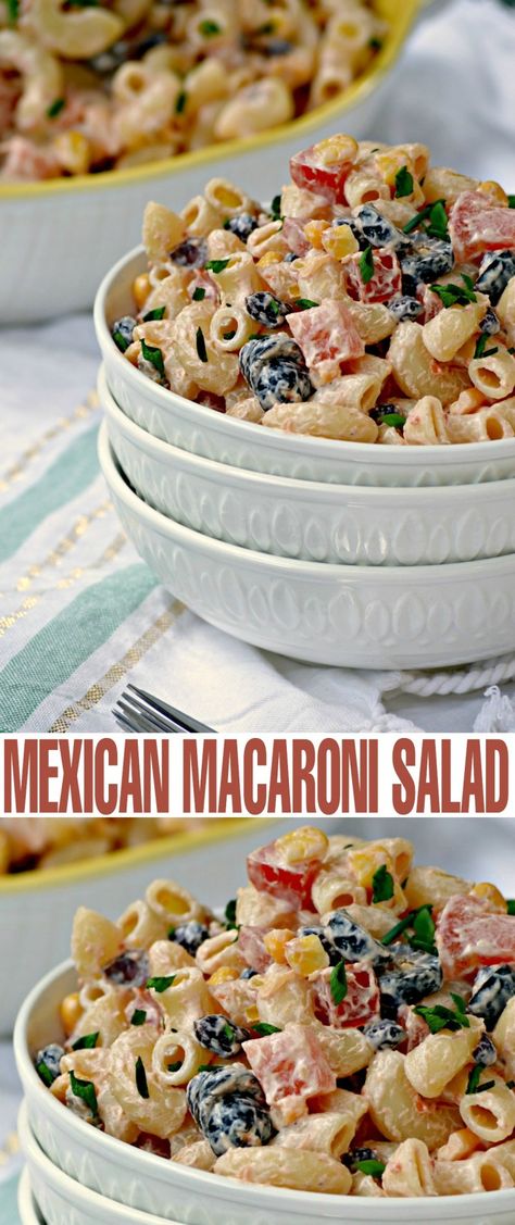 This Mexican Macaroni Salad recipe is a very versatile summer salad perfect for picnics and barbecues. I love serving it at family BBQ's as a side dish. Mexican Macaroni Salad Recipe, Mexican Macaroni, Mexican Macaroni Salad, Macaroni Salad Ingredients, Mexican Salad Recipes, Layered Salad Recipes, Shrimp Salad Recipes, Mason Jar Salad Recipes, Spinach Salad Recipes