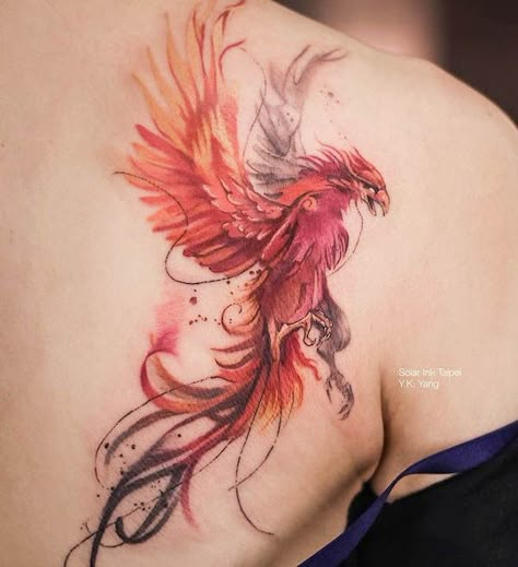 Phoenix Watercolor Tattoo, Phoenix Tattoo Women, Phoenix Watercolor, Phoenix Feather Tattoos, Phoenix Back Tattoo, Tato Phoenix, Japanese Phoenix Tattoo, Phoenix Tattoo Ideas, Rising Phoenix Tattoo