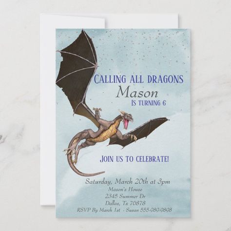 Dragon Birthday Party Invitations, Dragon Birthday Party, Dragon Serpent, Dragon Birthday Parties, Medieval Dragon, Dragon Birthday, Kids Birthday Themes, Dragon Lover, Invitation Sizes