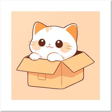 Cute Cat In A Box - Cute Cat - Posters and Art Prints | TeePublic Cat In Box Drawing, Cat In A Box Drawing, Draw So Cute Animals, Cute Cat Art Kawaii, Cat At Work, Animal Chibi, Cat Cartoon Cute, Cat Boxes, Cat In Box