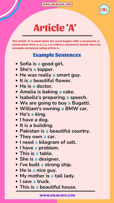 In this article, I am going to explain 100 Example Sentences Using Articles A An The. Articles are the words that define a noun as either specific or non-specific. An article is an adjective. Like adjectives, articles modify nouns. Also read: What are Definite and Indefinite Articles in English Grammar? Article ‘A’ Example Sentences The article ... Read more Use Of Articles A An The, Use Of The Article, Articles Examples, Articles Grammar, Article Example, Articles In English Grammar, Argument Quotes, Articles In English, Use Of Articles