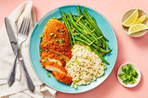 Crispy Parmesan Chicken, Bang Bang Chicken, Fresh Meals, Hello Fresh Recipes, Garlic Herb Butter, Couscous Recipes, Roasted Green Beans, Fresh Recipes, Parmesan Chicken