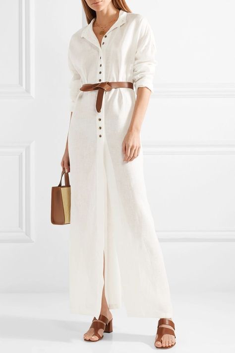 Cream Linen Dress Outfit, Cream Maxi Dress Outfit, Linen Shirt Dress Outfit, Cream Dress Outfit, Brown Belt Outfit, White Linen Shirt Dress, White Shirt Dress Outfit, Linen Dress Outfit, Maxi Dress Belt