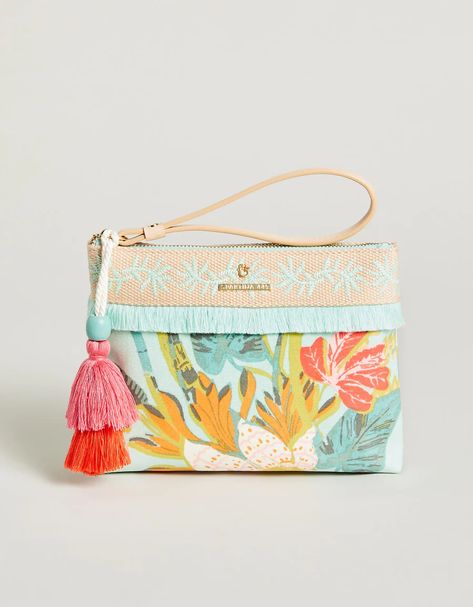 Carina Wristlet Queenie Tropical Floral Sea Foam - $68.00 Tassels With Beads, Faux Leather Wristlet, Summer Purse, Tropical Floral Pattern, Spartina 449, Pretty Bags, Tropical Floral, Leather Wristlet, Cute Bags