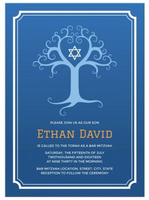 This elegant, blue Tree of Life Bar Mitzvah invitation has a light blue Tree of Life with swirly branches surrounding a white Star of David. The background is a blue gradient going from dark blue at the bottom to lighter blue at the top. Around the edge is a stylish, white double border. The orange name contrasts nicely against the blue background but can be changed if you prefer another color. A clean, simple and modern design ideal for a boy’s Bar Mitzvah. Blue Gradient Background, Bar Mitzva, Bar Mitzvah Invitations, Quinceanera Party, Sweet 16 Invitations, Reception Card, Jewish Art, Blue Tree, Blue Gradient