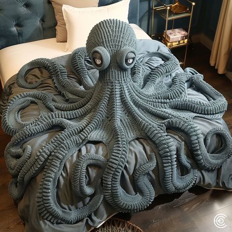 Introducing the Octopus-Inspired Knitted Couch Blanket, a cozy and whimsical addition to your home. Crafted from ultra-soft yarn, this blanket features intricate, tentacle-like extensions that mimic the elegance of an octopus. Perfect for chilly evenings, it offers both warmth and a touch of marine magic to your living space. Conceptual AI Art Follow @ecosapiens for more! Tentacle Crochet Pattern, Giant Octopus Crochet Pattern, Day Of The Tentacle Crochet, Realistic Octopus Crochet Pattern, Blanket Octopus, Couch Blanket, Soft Yarn, Fantasy Fashion, Handmade Home