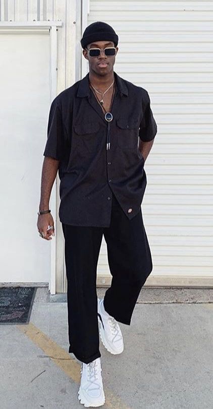 Guys Casual Outfits Street Style, Mens Fashion Dark Colors, Men's Alternative Fashion, Wisdm8 Style, Black Guy Fashion Casual, Black Short Sleeve Button Up Men Outfit, Sza Concert Outfit Men, Men’s All Black Outfit, Mens Clothing Styles Aesthetic